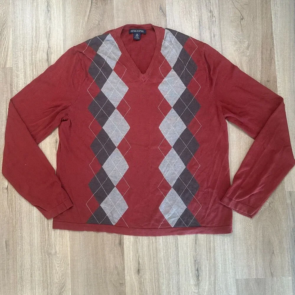 Banana Republic Men's XL Dark Red Argyle V-Neck Silk Cotton Cashmere